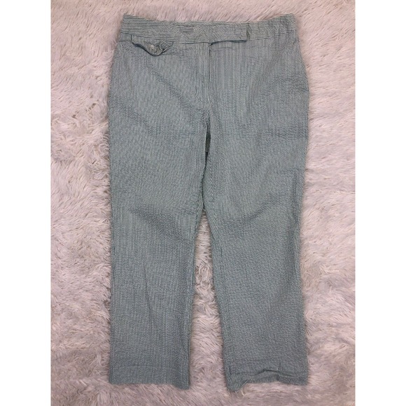 Emma James 10P Sage Green Striped Pants Capri Length Straight Leg Casual Summer - Picture 1 of 6